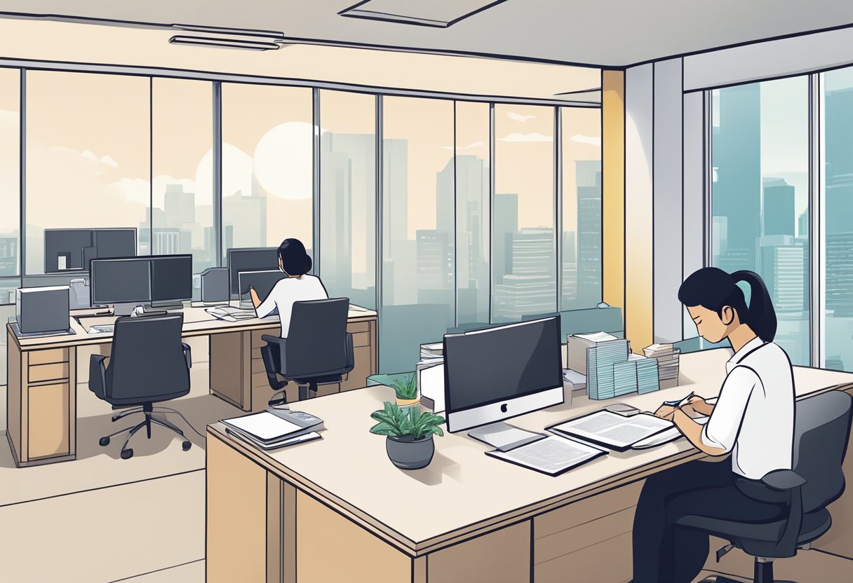 A licensed money lender's office in Yishun, with a customer filling out paperwork at a desk, while a staff member reviews documents and processes a loan application