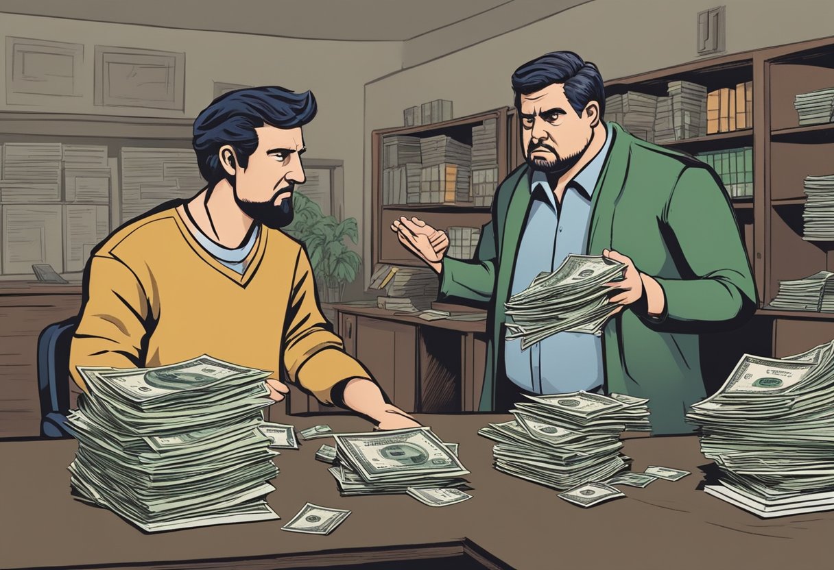 A stern money lender confronts a debtor, demanding payment. The debtor looks distressed, while the lender appears intimidating. The setting is a dimly lit room with stacks of unpaid bills scattered around