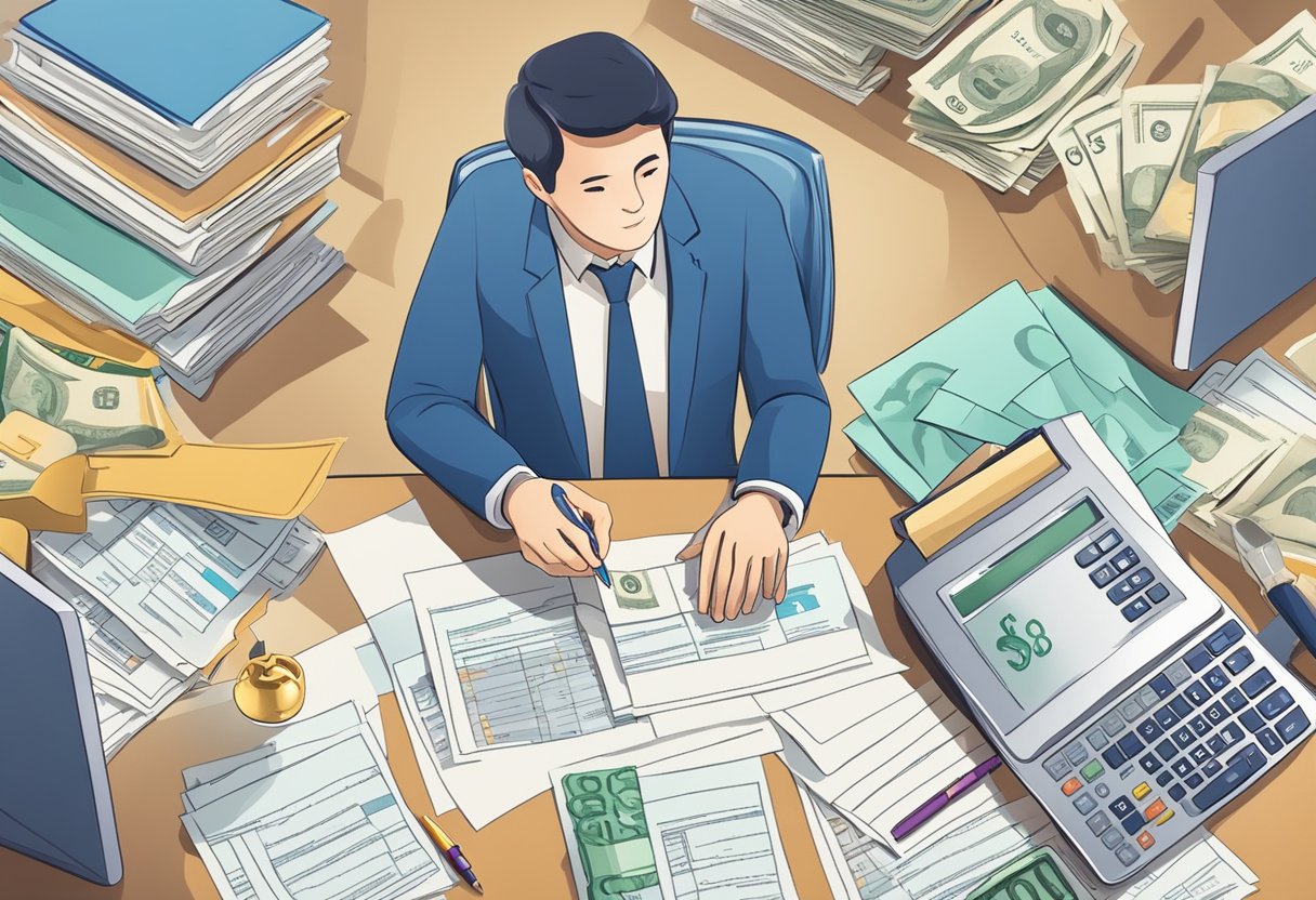 A money lender in Singapore answers common questions, surrounded by financial documents and a calculator