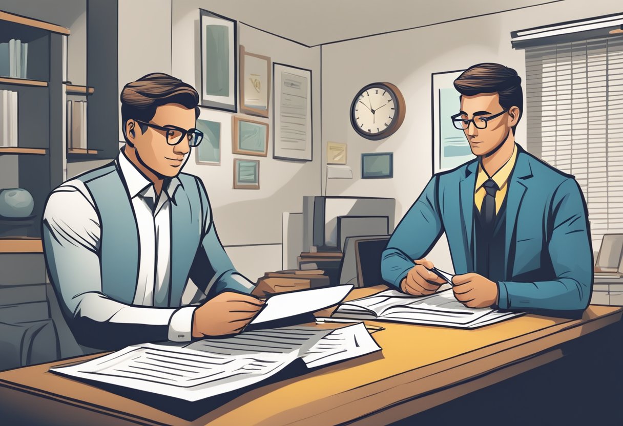 A licensed moneylender reviewing loan agreements while a debt collector stands by, representing the process of understanding licensed moneylending