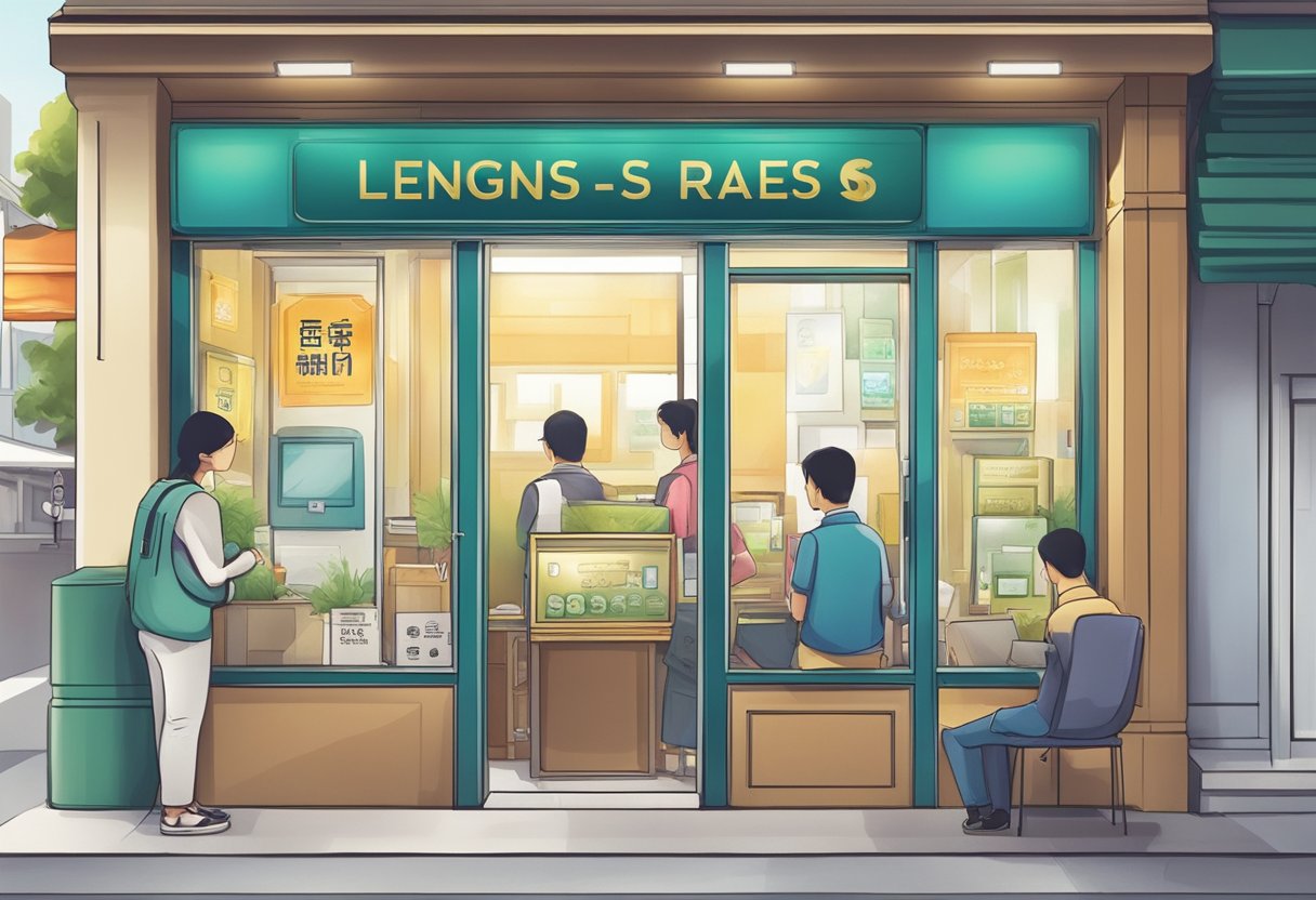 A licensed money lender's office in Bugis, with a glass storefront, a sign displaying interest rates, and customers waiting inside