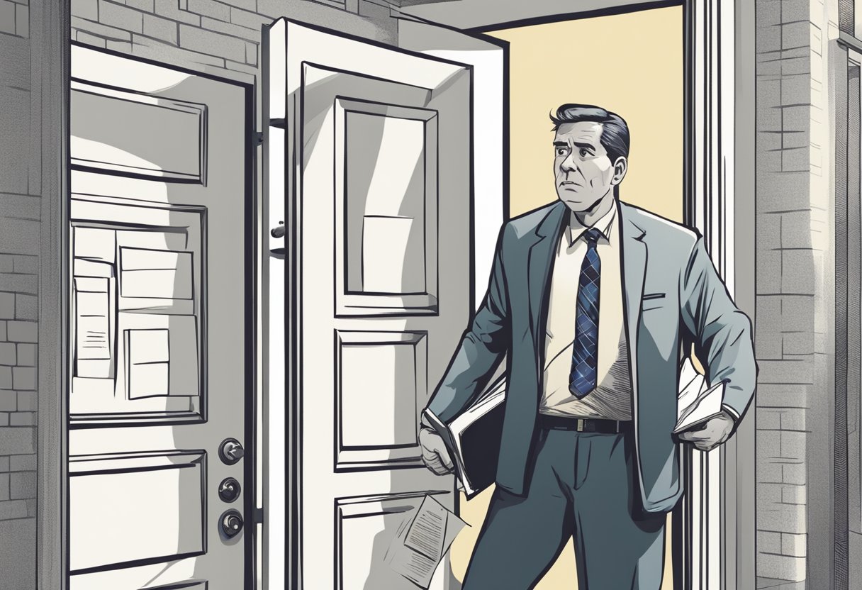 A debt collector approaches a door, holding a stack of papers and a stern expression. The debtor looks worried as they open the door to speak with the collector