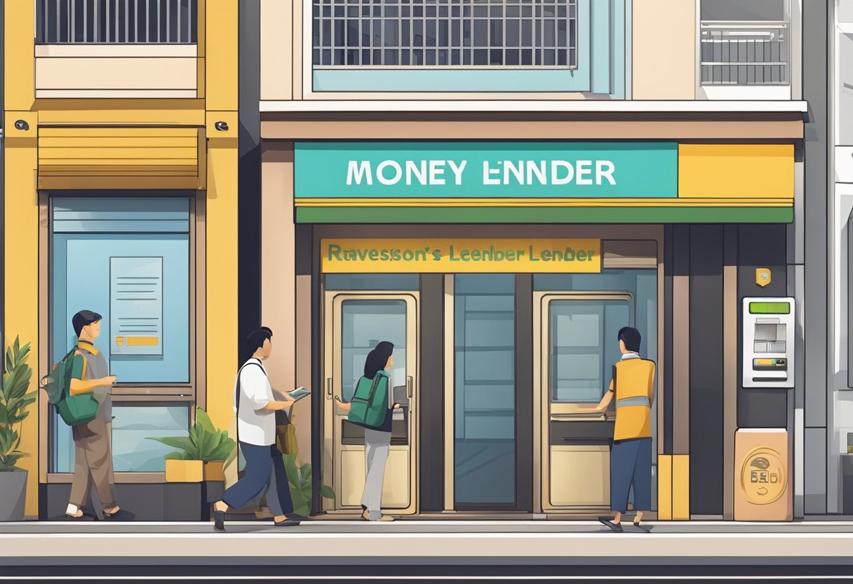 A licensed money lender's storefront in Bugis, with a prominent sign and a steady stream of customers entering and exiting the establishment