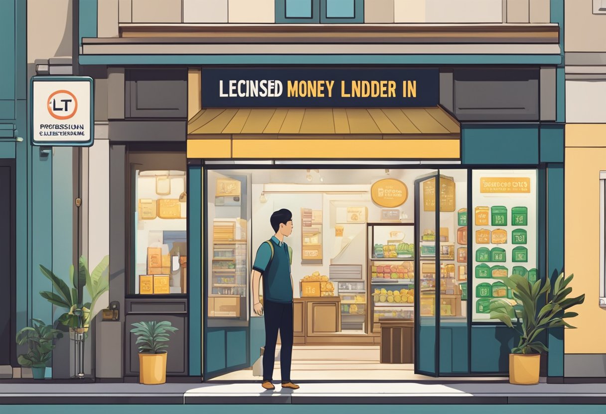 A person standing in front of a storefront with a sign that reads "Licensed Money Lender in Bugis." The storefront is clean and professional-looking, with clear signage and a welcoming atmosphere