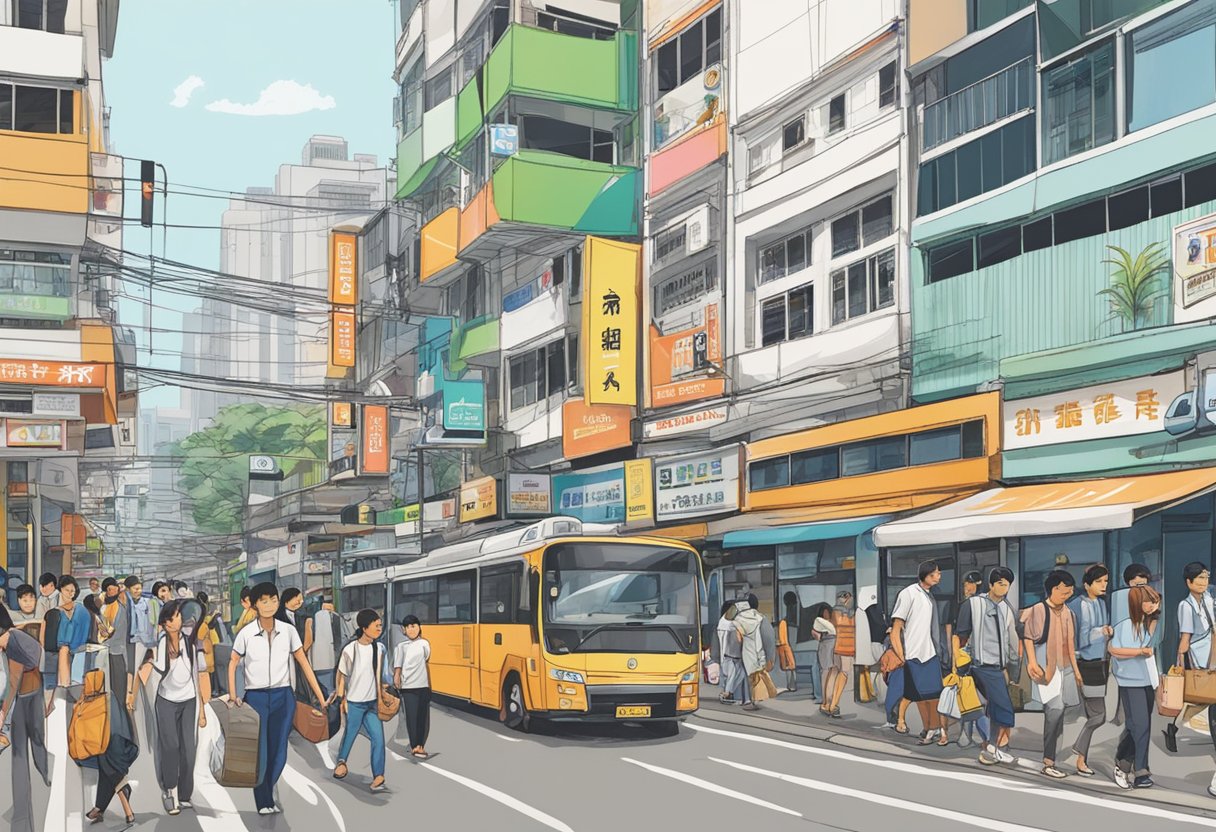 A busy street in Bugis, with a prominent sign for a licensed money lender. People walking by, some stopping to read the sign