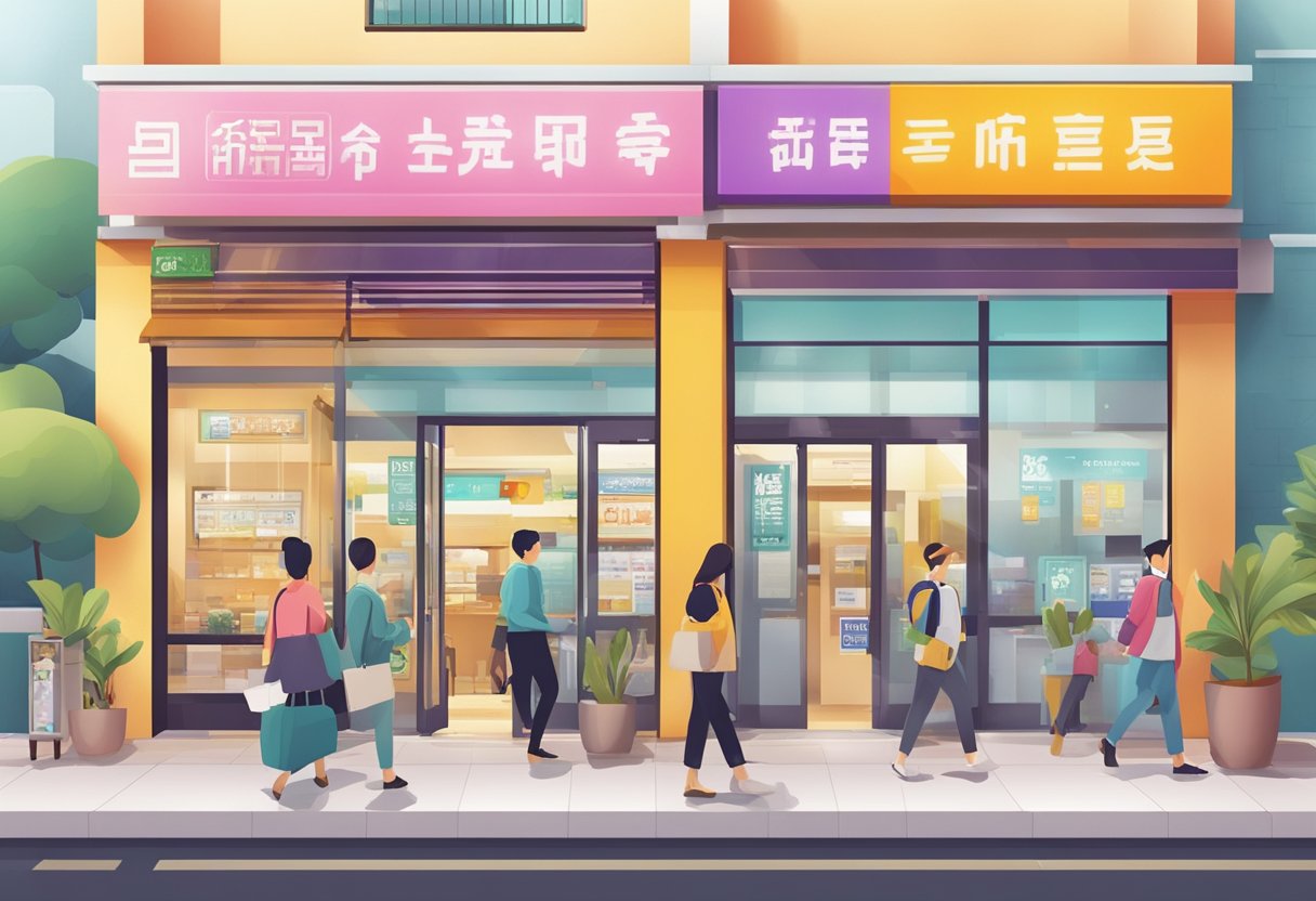 A bustling licensed money lender at Lucky Plaza, with colorful signage and a steady stream of customers entering and exiting the establishment
