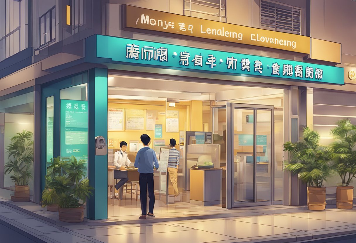 A licensed moneylending office at Lucky Plaza, with a sign displaying the services offered. Brightly lit and welcoming atmosphere