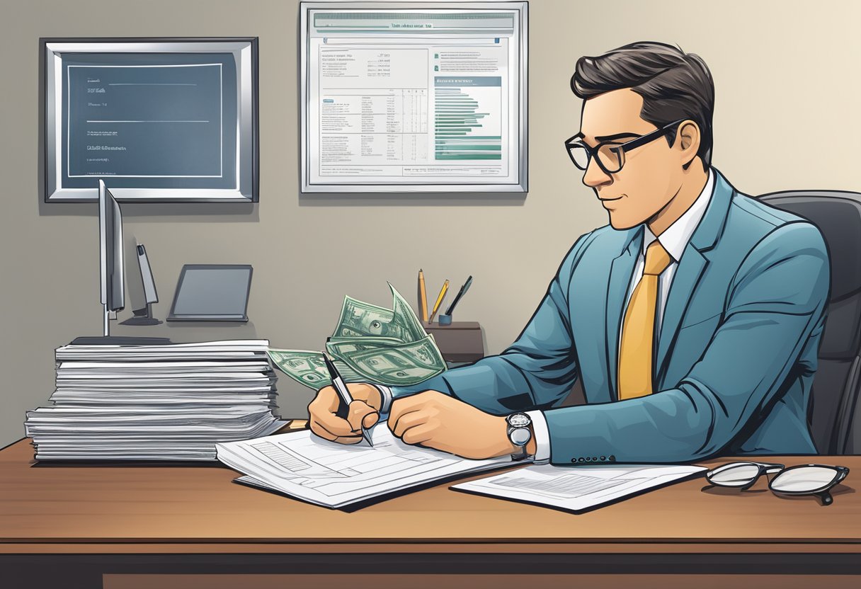 A licensed money lender sits at a desk, reviewing financial documents and reports. A sign on the wall displays the company's logo and contact information