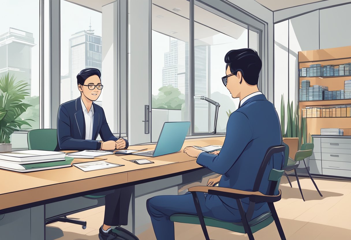 A customer sits at a desk, discussing loan products with a licensed money lender in Lucky Plaza. The lender provides a positive and professional customer experience