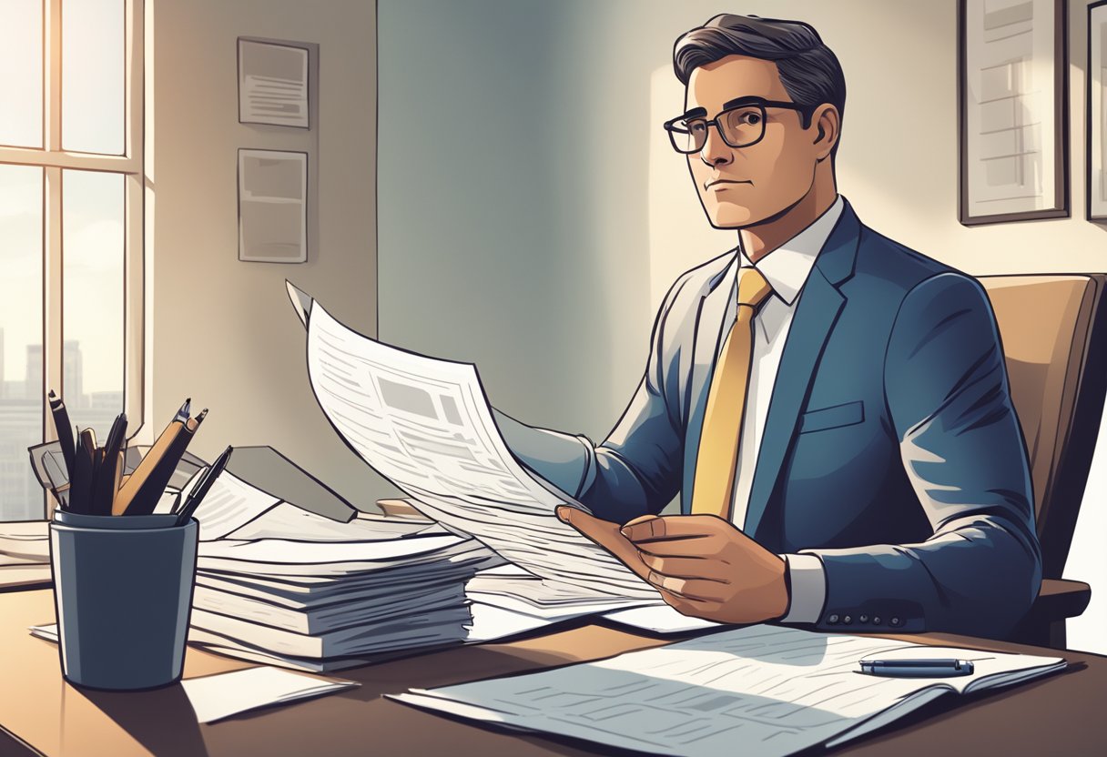 A licensed money lender sitting at a desk, reviewing a report with a serious expression. A stack of papers and a calculator are on the desk. The room is well-lit with natural light coming through the window