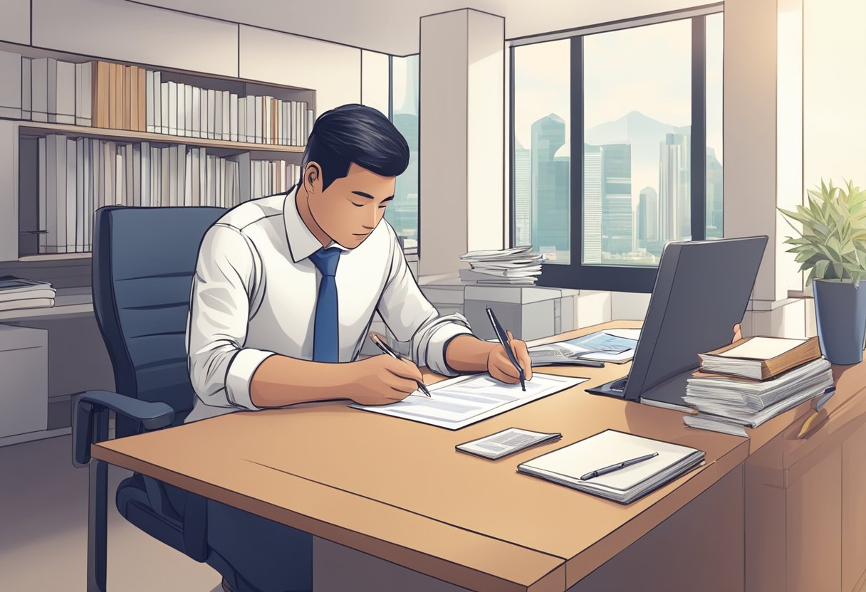 A foreigner receives a loan from a licensed money lender in Singapore, signing paperwork in an office with a prominent company logo