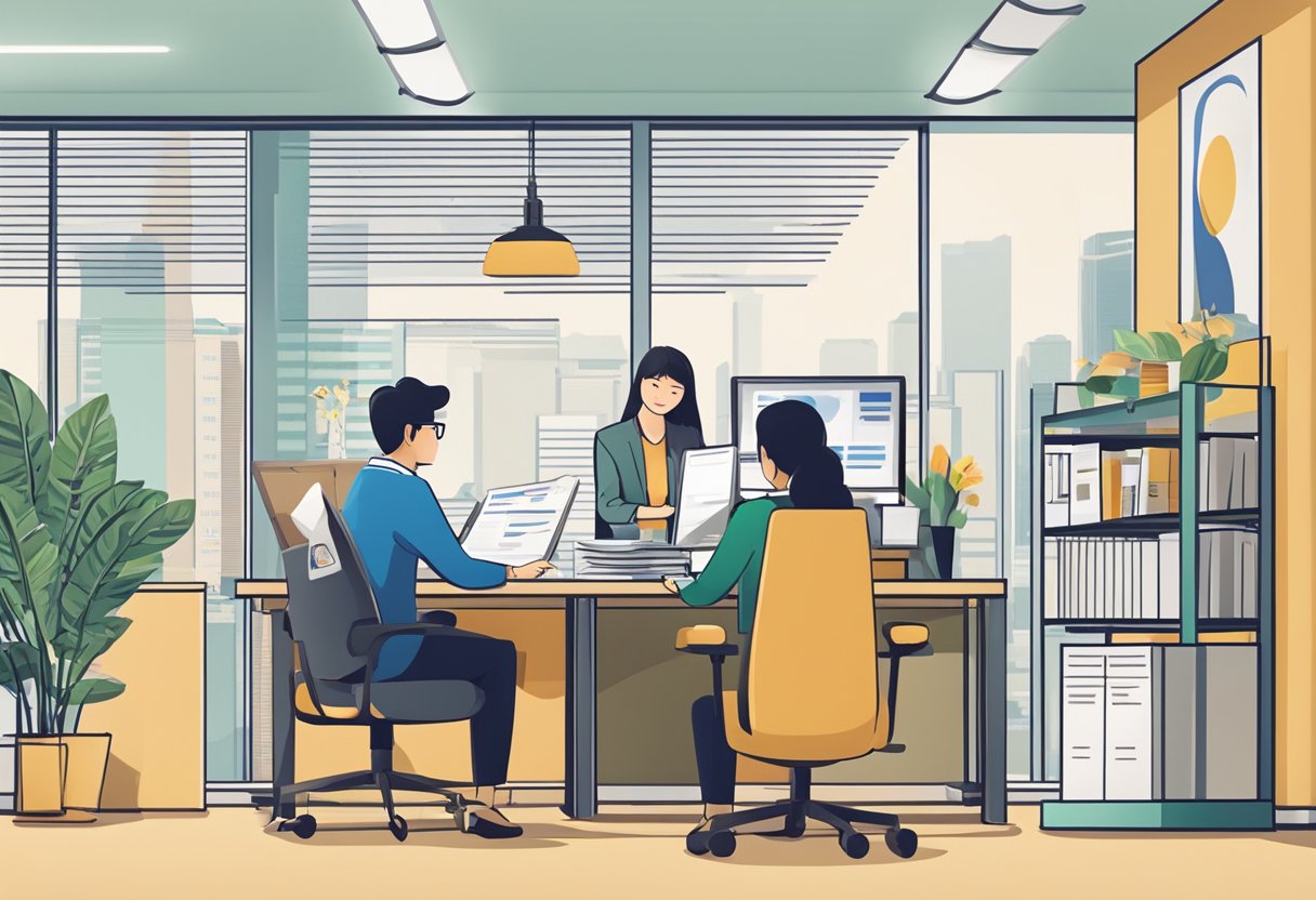 A licensed money lender's office in Singapore, with a prominent sign displaying the company's name and logo. A professional-looking staff member is assisting a customer with paperwork at a desk