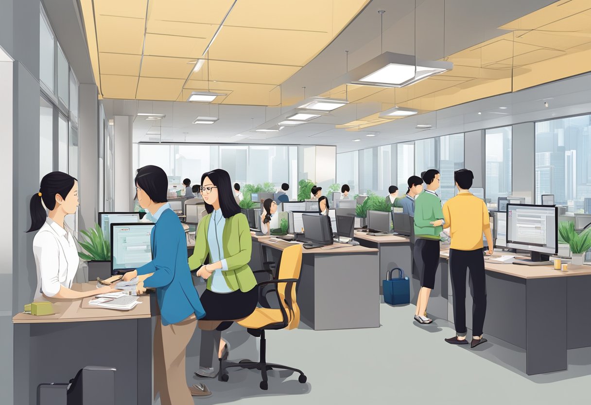 A bustling money lender office at Lucky Plaza, with clients lining up and staff assisting with inquiries