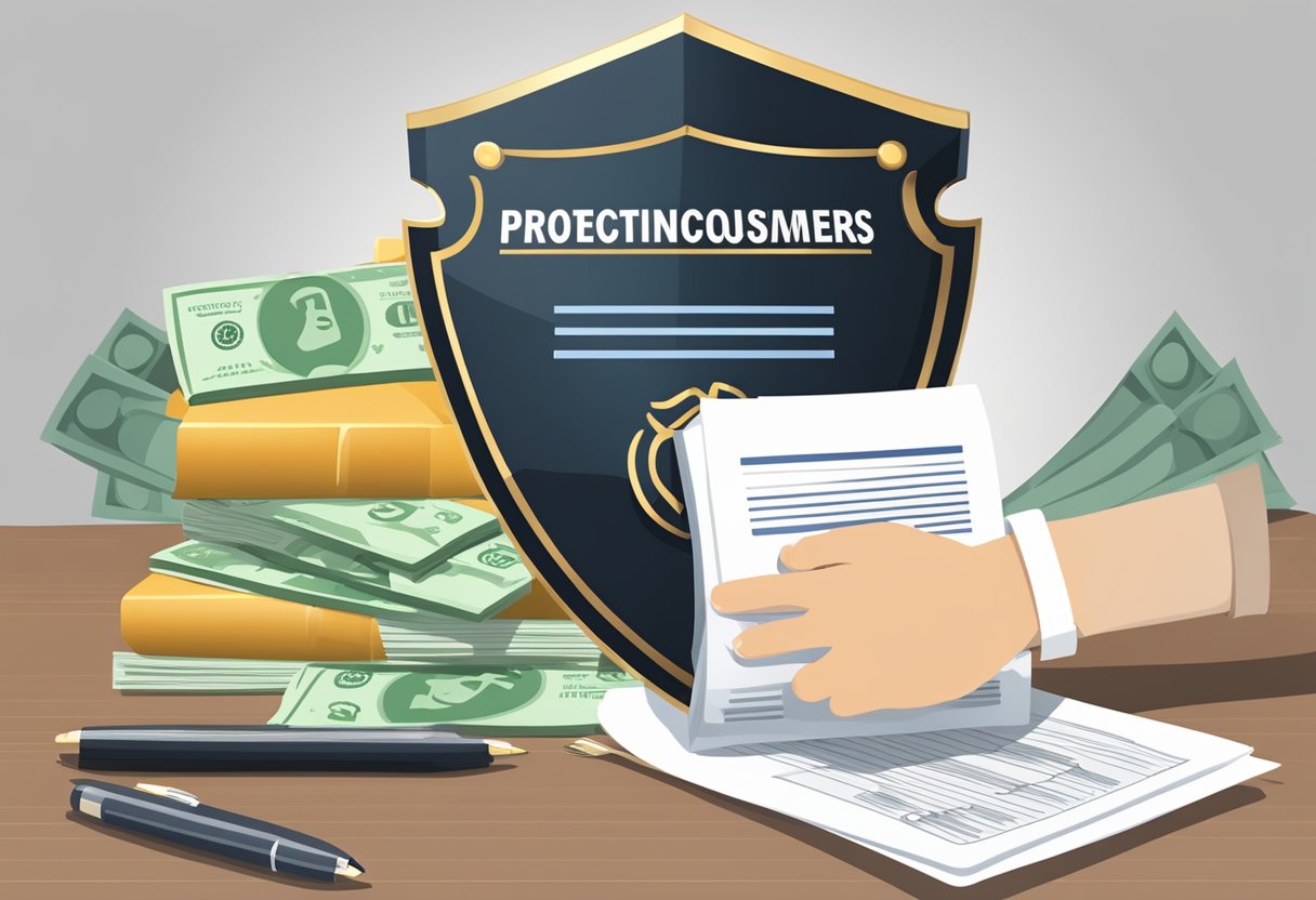 A shield with the words "Protecting Consumers" is held high, while a licensed money lender report is displayed prominently in the background