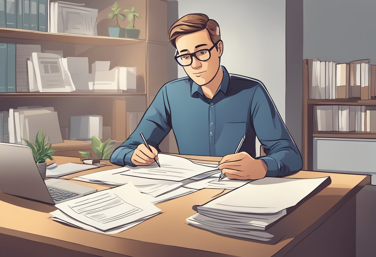 A foreigner sits at a desk, filling out loan application forms. A licensed money lender reviews documents and discusses terms with the applicant