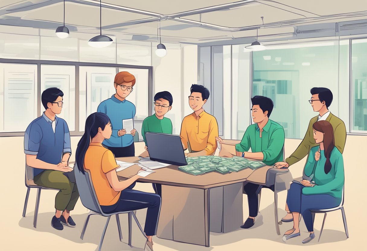 A group of people from various countries gather around a licensed money lender in Singapore, asking questions about foreigner loan options
