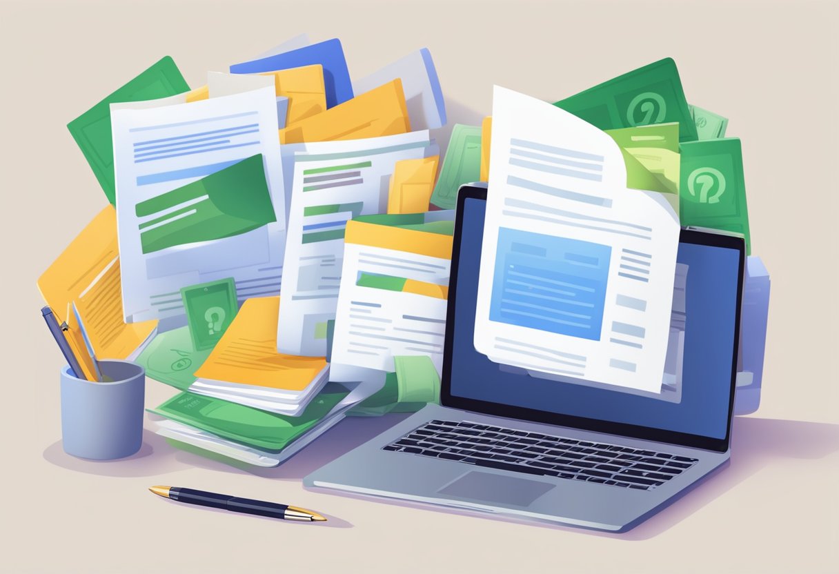 An open laptop displaying a webpage titled "Frequently Asked Questions licensed money lender report" with a stack of papers and a pen nearby