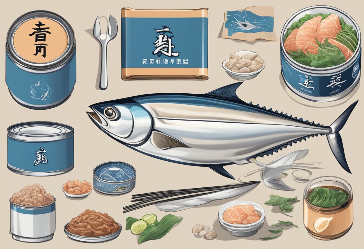 A can of tuna fish surrounded by Japanese symbols and a list of frequently asked questions
