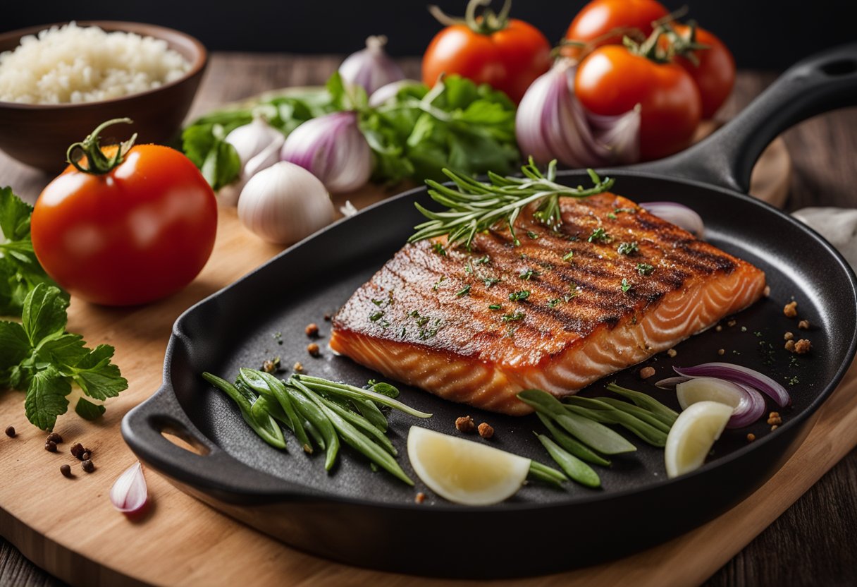 A wooden cutting board with fresh tomatoes, onions, and fish fillets. A bowl of spices and herbs next to a skillet on a stovetop