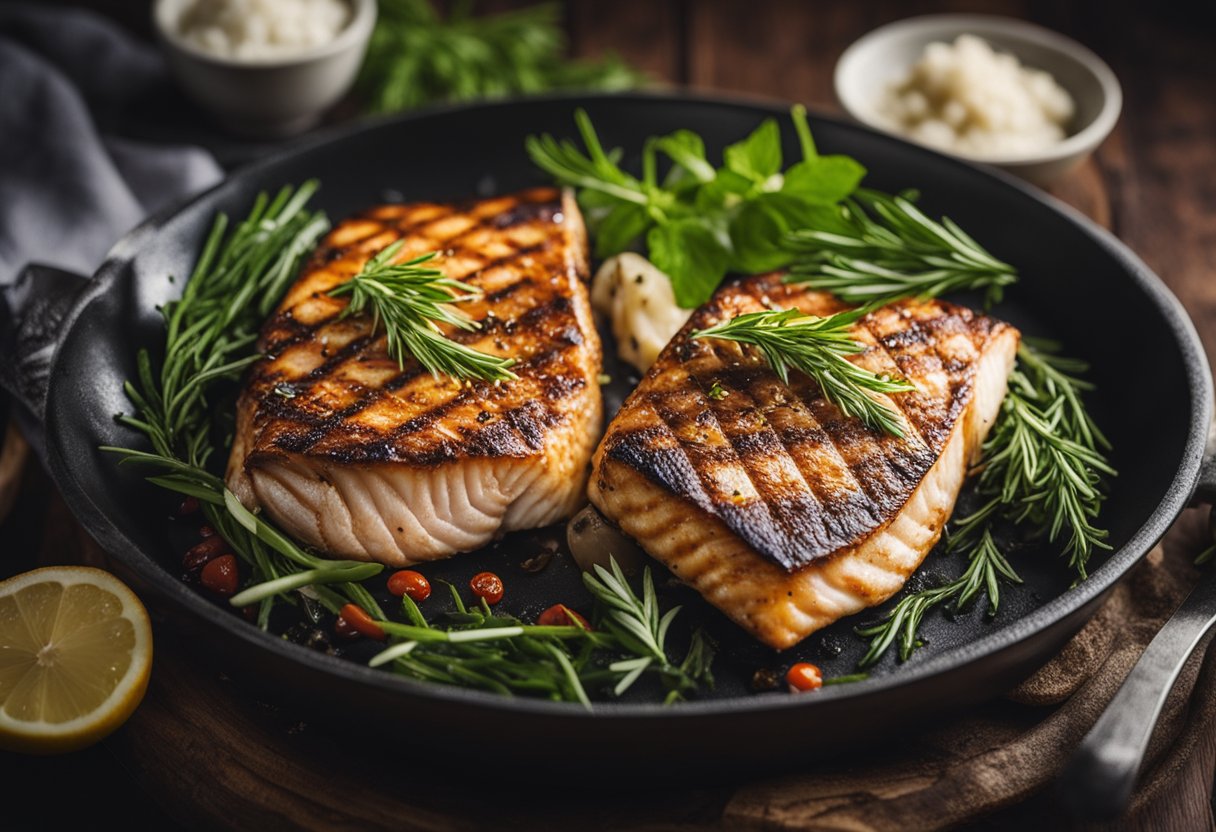 A chef fillets toman fish, seasons with herbs, and grills over open flame