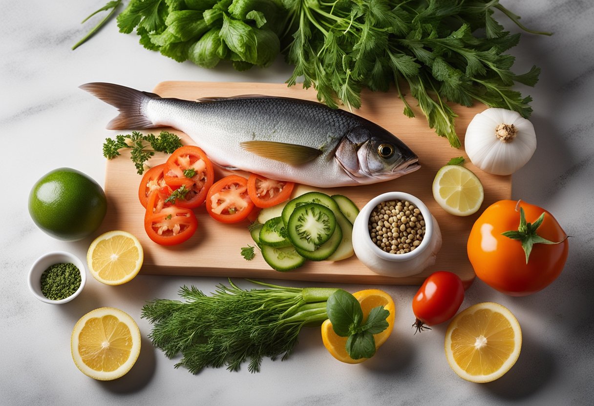 A colorful array of fresh toman fish, vibrant vegetables, and aromatic herbs arranged on a clean, white cutting board