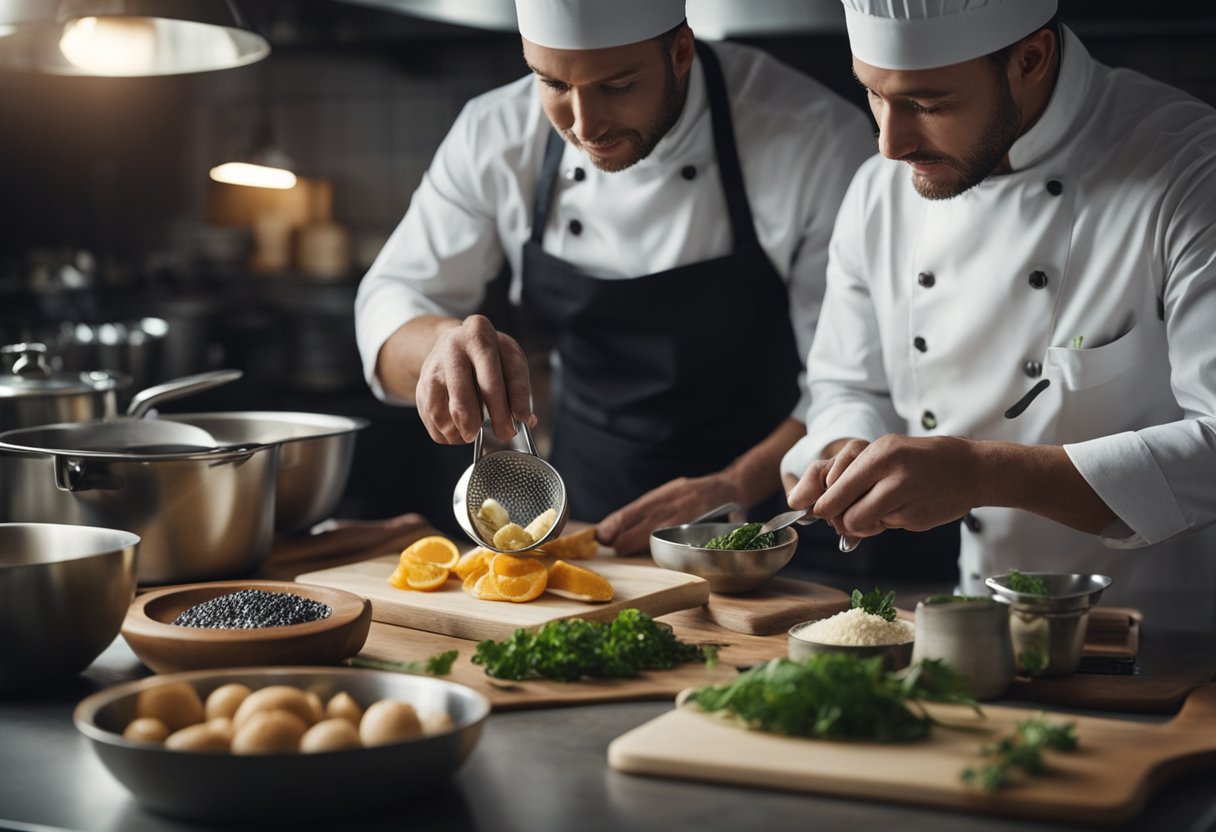 A chef mixes ingredients for toman fish recipe while surrounded by cooking utensils and a recipe book