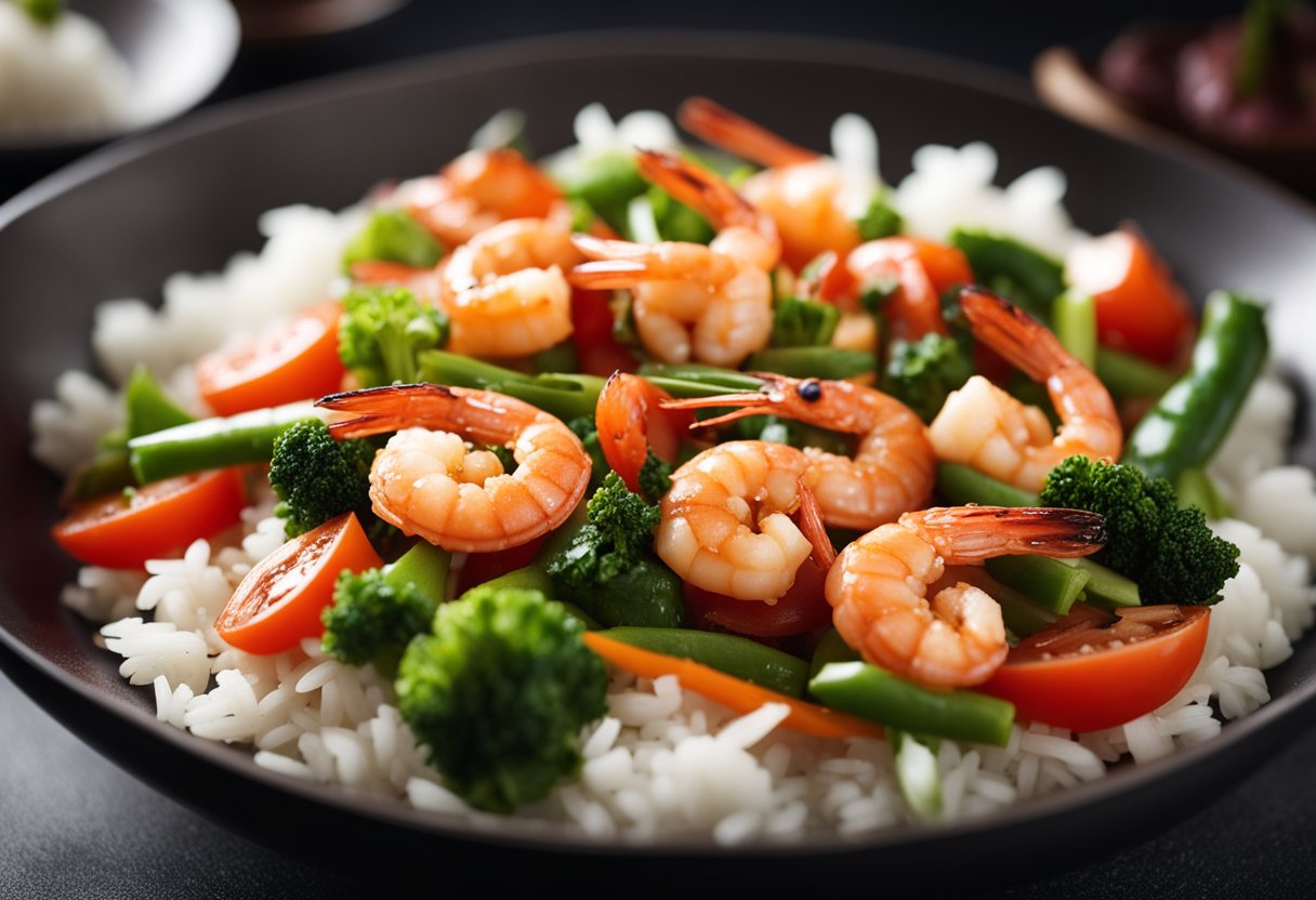 A wok sizzles with tomato prawns in a fragrant Chinese sauce, surrounded by vibrant vegetables and steaming rice