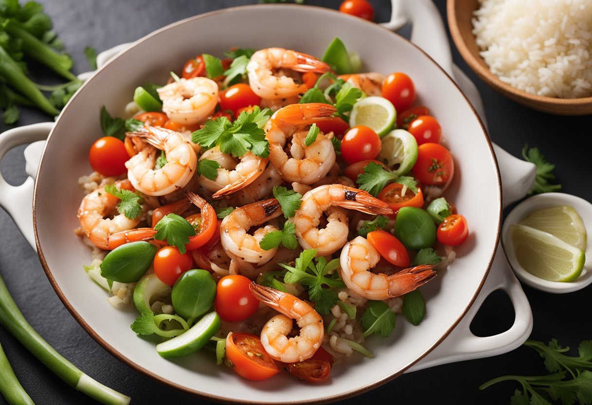 A sizzling wok filled with plump, juicy prawns and vibrant red tomatoes, surrounded by aromatic garlic, ginger, and green onions