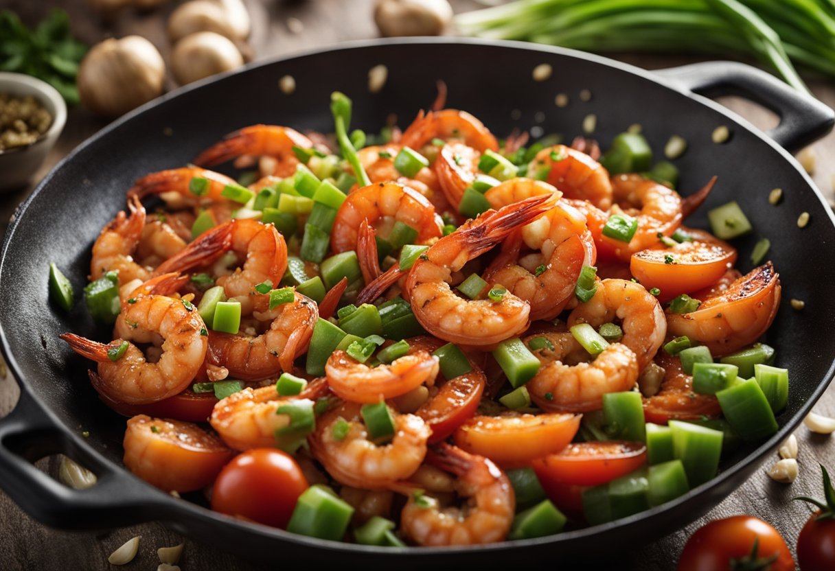 Tomato prawns sizzle in a wok with garlic and ginger. A splash of soy sauce adds depth to the aroma. Green onions are sprinkled on top