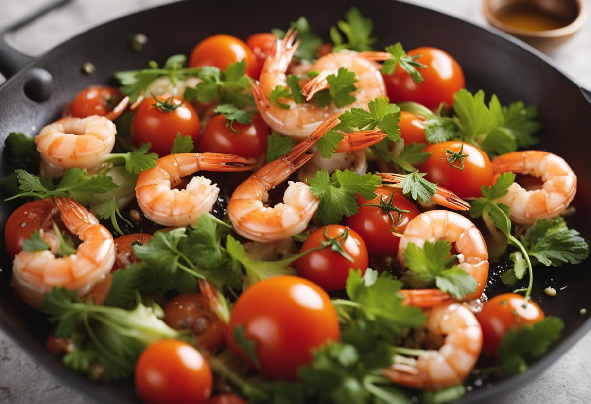 A sizzling wok with plump prawns, ripe tomatoes, and aromatic Chinese spices. Steam rises as the ingredients are tossed together, creating a mouthwatering tomato prawn dish