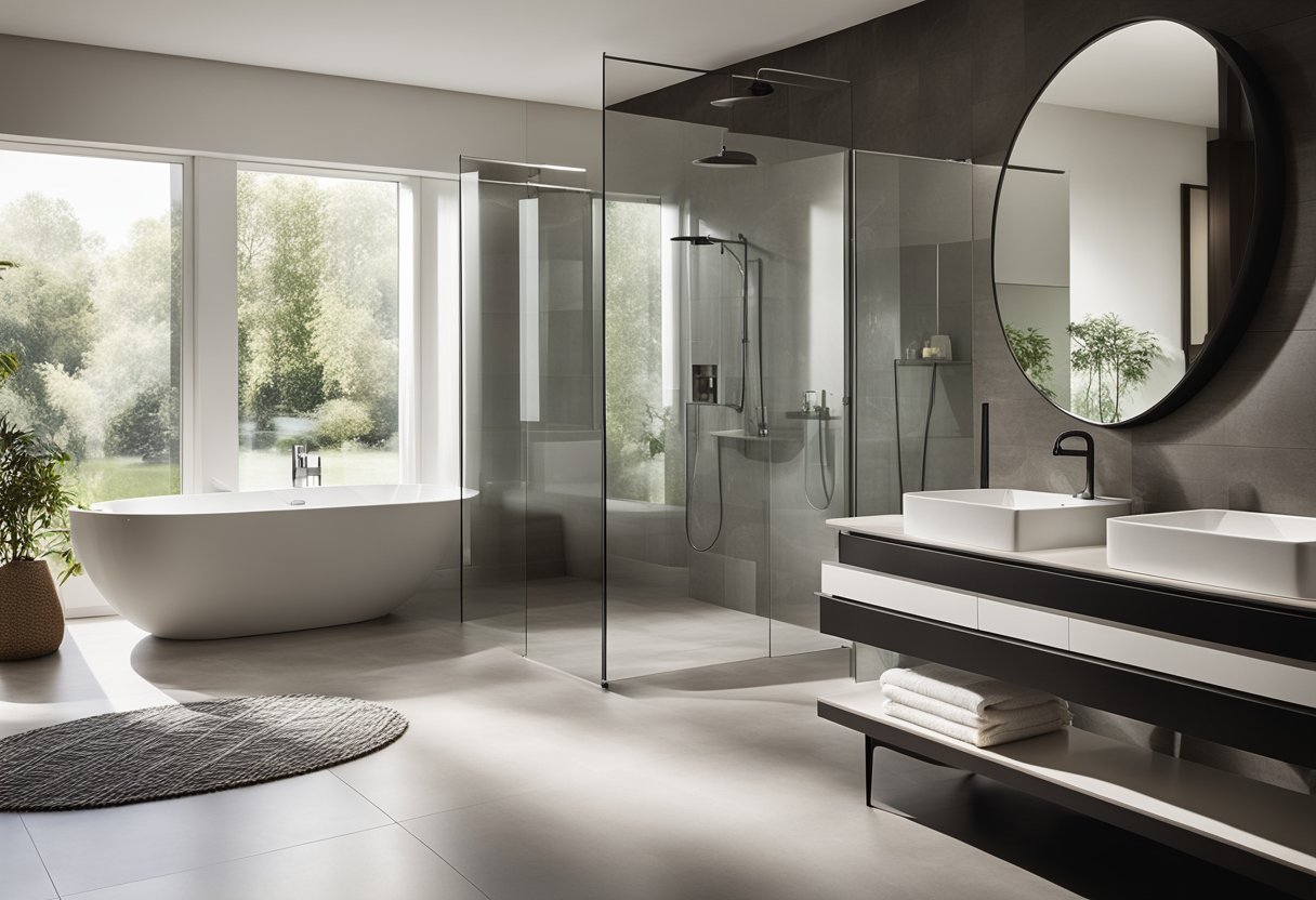 A spacious, modern bathroom with a seamless shower enclosure, featuring sleek glass panels and minimalistic fixtures. The space exudes a sense of openness and tranquility, with soft lighting and natural elements