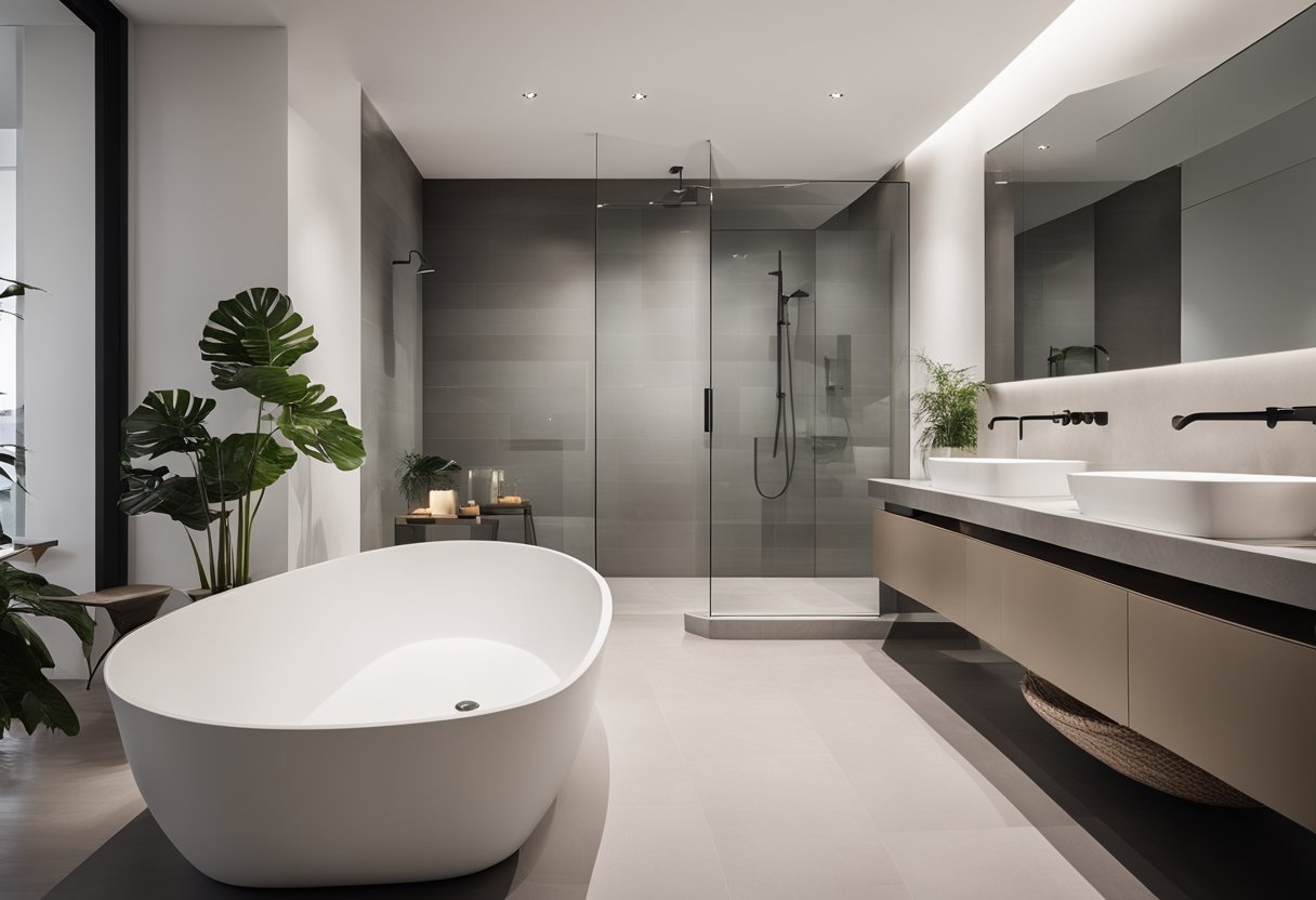 A spacious, modern bathroom with a seamless shower. Clean lines and minimal design create an airy and open feel