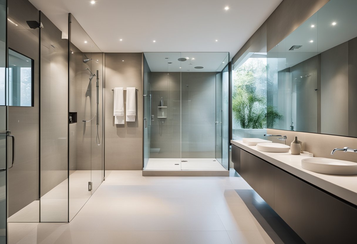 A spacious, modern bathroom with a seamless glass shower enclosure. Clean lines, minimal hardware, and a light, airy feel