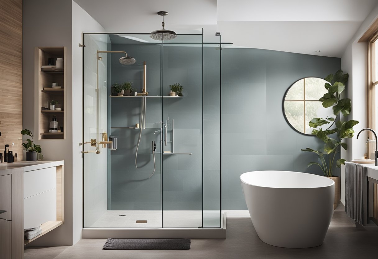 A plumber installs a seamless glass shower in a modern, airy bathroom