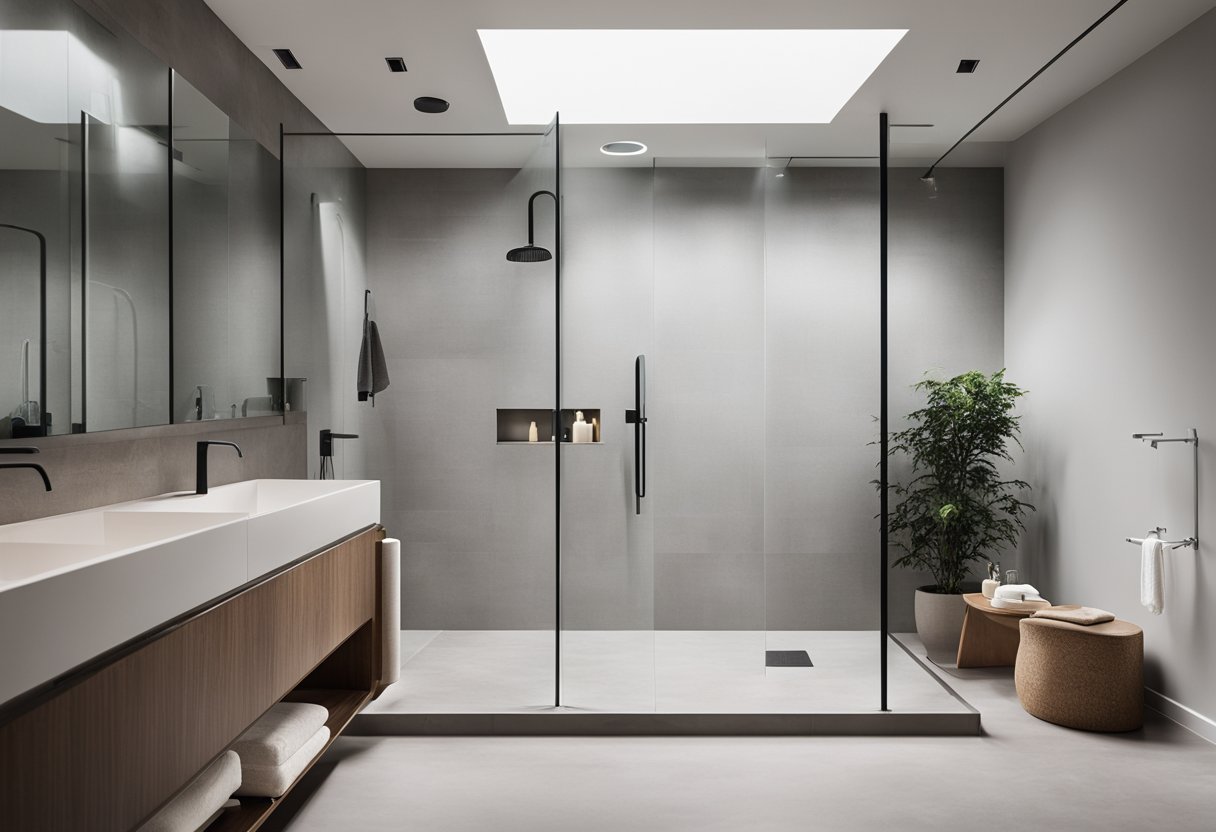 A spacious, open shower with no visible barriers. Light, airy bathroom with modern fixtures and minimalistic design