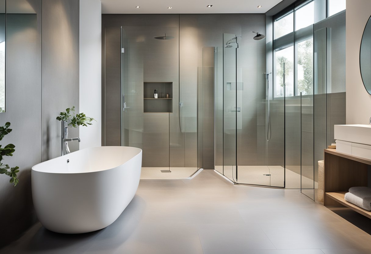 A modern, spacious bathroom with a seamless glass shower enclosure. Clean lines and minimalistic design create an airy, open feel