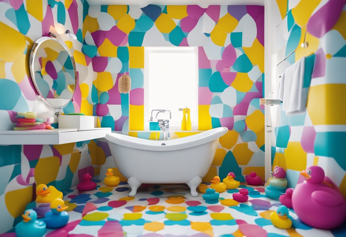 A vibrant, playful bathroom with bright colors, whimsical patterns, and fun accessories. Rubber duckies and colorful bath toys add to the lively atmosphere