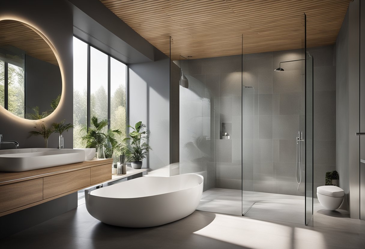 A spacious, modern bathroom with a seamless glass shower enclosure, featuring a minimalist design and natural light