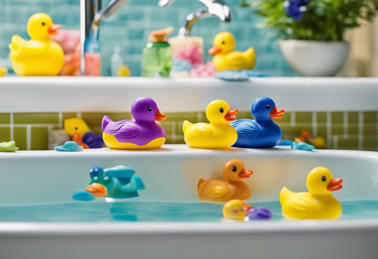 Colorful rubber duckies float in a bathtub surrounded by playful sea creature decals. A step stool allows little ones to reach the sink, complete with animal-shaped soap dispensers