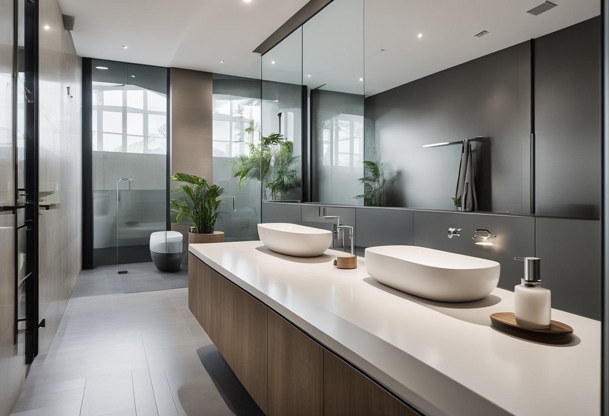 A spacious, modern bathroom with a seamless glass shower enclosure, featuring a minimalist design and plenty of natural light