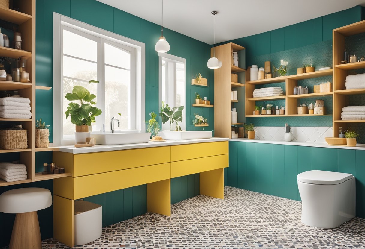 Bright, colorful bathroom with non-slip flooring, low sink, and easy-to-reach shelves. Toy storage and playful decor add a fun, safe touch