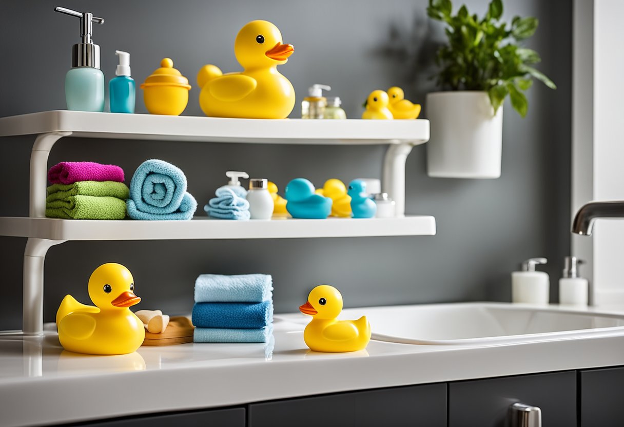 Colorful shelves hold toys, bath products, and towels. A step stool sits by the sink. Rubber duckies and sea-themed decor add a playful touch