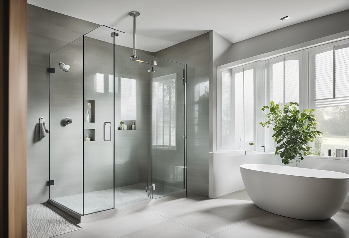 A seamless glass shower with open, airy bathroom design. Minimalist fixtures and clean lines