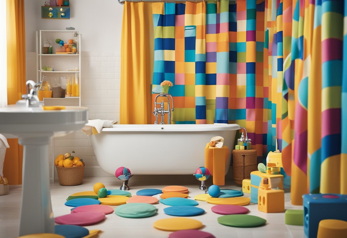 A colorful and playful bathroom with educational decor, such as alphabet or number themed shower curtains, and fun bath toys scattered around