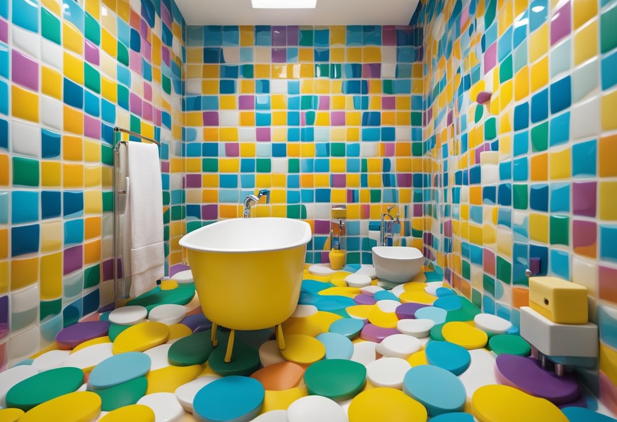 Colorful bathroom with kid-friendly decor, such as rubber duckies and bright, playful patterns. DIY projects like hand-painted murals and custom storage solutions add a personal touch to the space