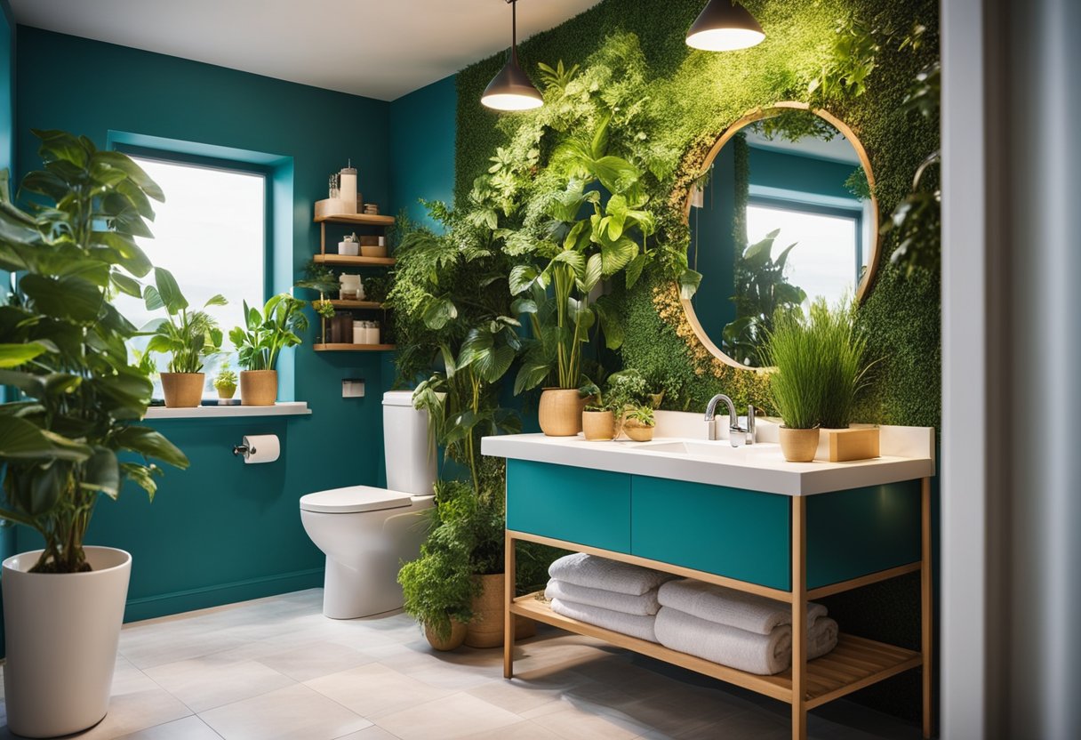 A colorful bathroom with recycled material decor, energy-efficient lighting, and water-saving fixtures. Plants and nature-themed artwork add a playful eco-friendly touch