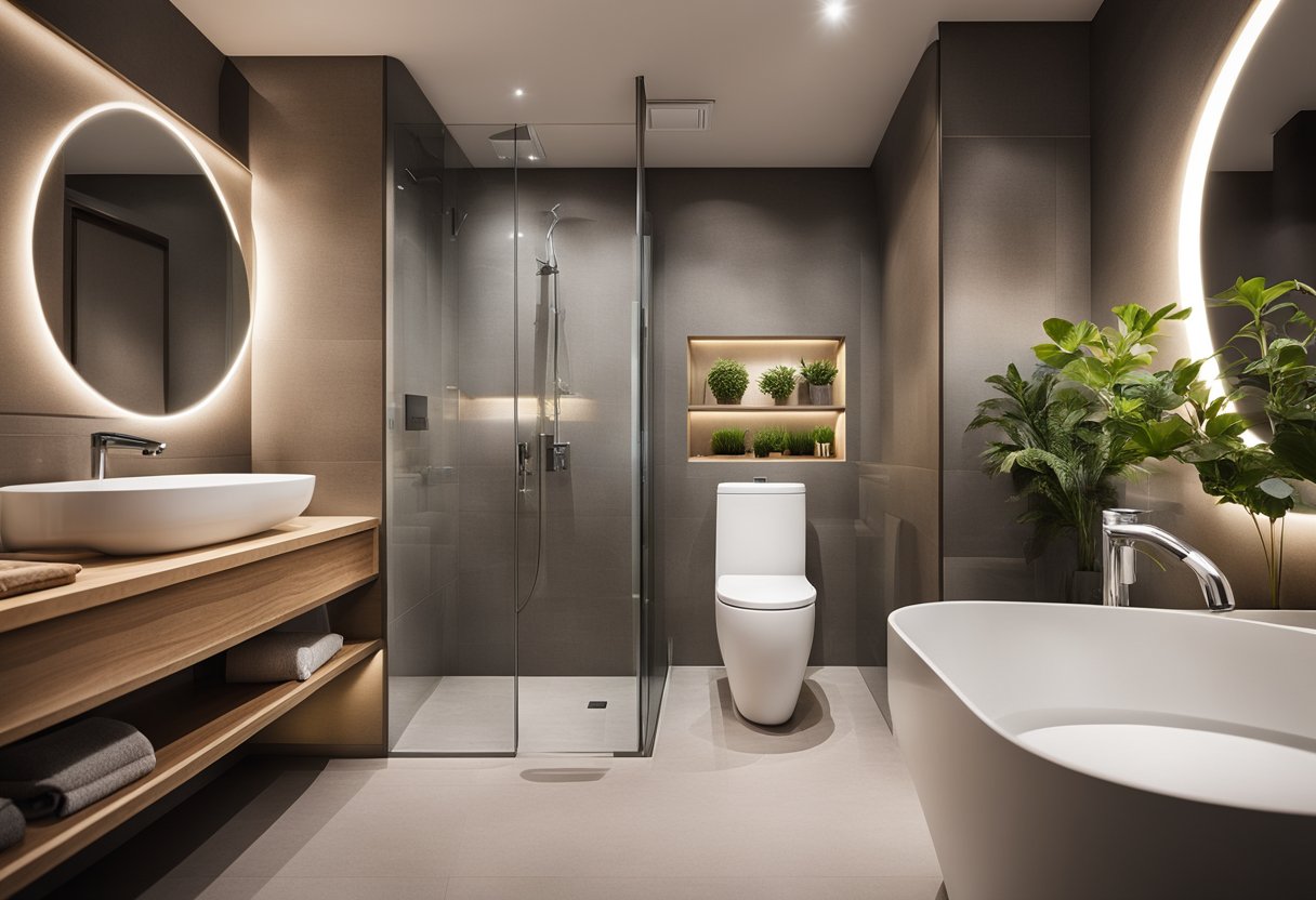 A modern bathroom with energy-saving fixtures and natural materials, featuring low-flow toilets, LED lighting, and recyclable materials