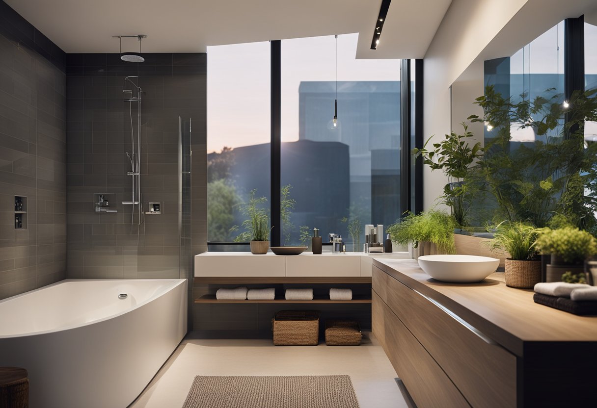 A modern bathroom with LED lighting, low-flow fixtures, and natural materials. A smart thermostat controls the temperature, and solar panels provide renewable energy