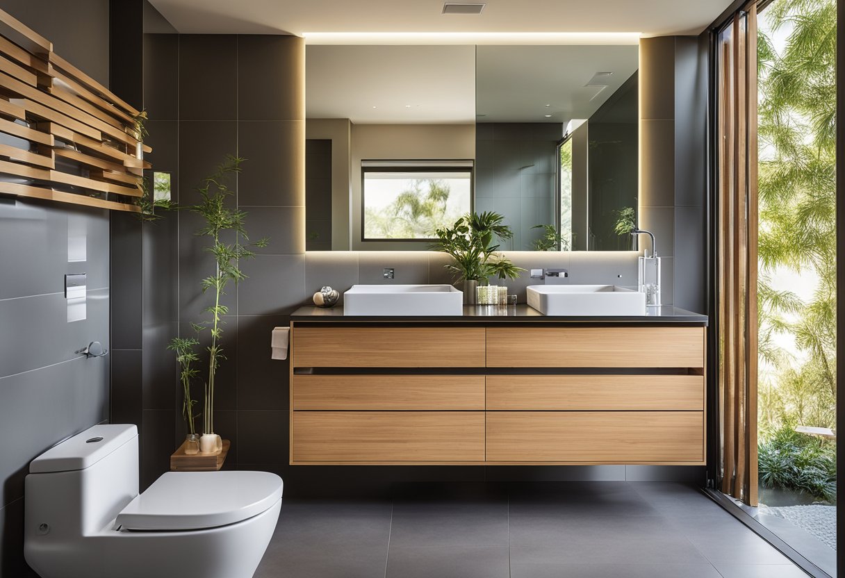 A modern bathroom with energy-saving fixtures, eco-friendly materials, and natural light streaming in through a window. A low-flow toilet, LED lighting, and a bamboo vanity contribute to the sustainable design