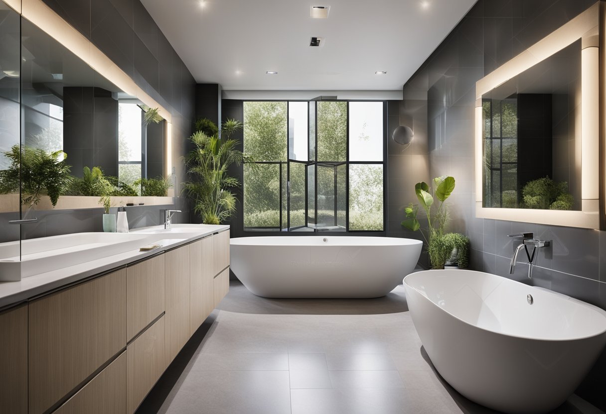 A modern bathroom with energy-efficient water heating solutions, featuring eco-friendly fixtures and smart technology to save money and reduce environmental impact